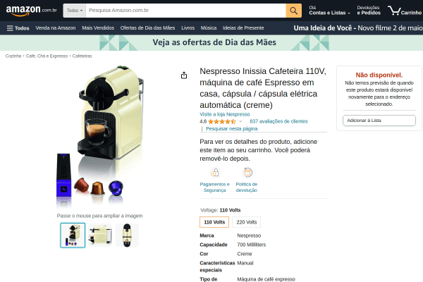 [Amazon] Nespresso Inissia Cream R$ 349,00 e ganhe R$ 430,00 de volta