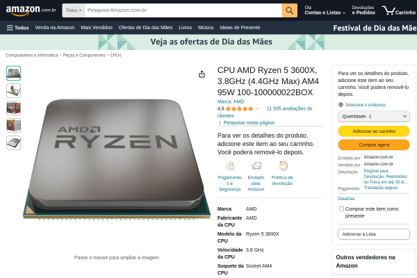 [Amazon] CPU AMD Ryzen 5 3600X 3.8GHz - R$ 1.518,00