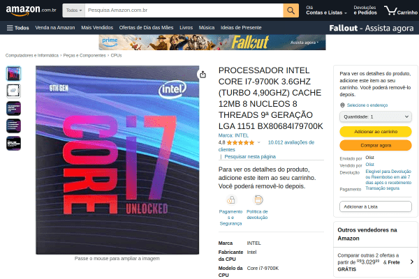 [Amazon] Processador Intel Core i7-9700K - R$2.556,78 + FG prime
