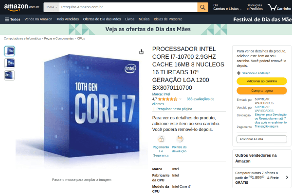 [Amazon] - Processador Intel Core I7 10700 Cache 16MB 2.90GHz (TURBO 4.8GHZ) - R$1.999,00