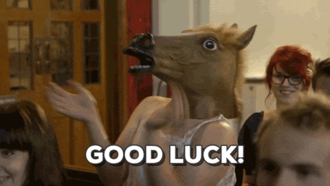 A horse in a dress giving thumbs up and saying goodluck