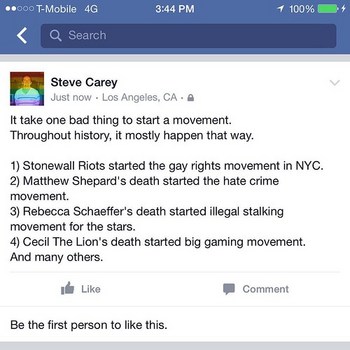 It take one bad thing to start a movement. Throughout history, it mostly happen that way.  1) Stonewall Riots started the gay rights movement in NYC. 2) Matthew Shepard's death started the hate crime movement. 3) Rebecca Schaeffer's death started illegal