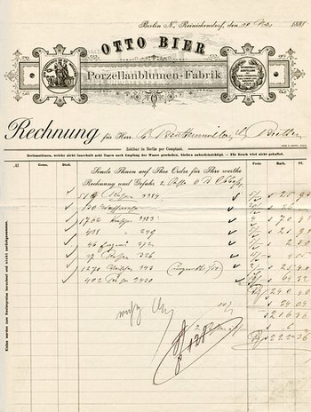 Rechnung der Porzellanblumenfabrik Otto Bier, 1888