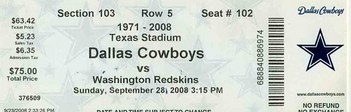 September 28, 2008, Washington Redskins at Dallas Cowboys Ticket Stub At Texas Stadium in Irving, Texas