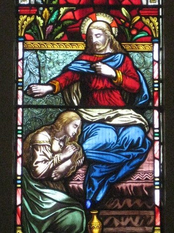 Detail of Mary Magdelene Washing Jesus' Feet in the Matthew, John and Mark Chancel Window; St. Peter's Church of England - Sturt Street, Ballarat
