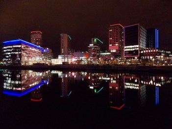 Life in Neon! - Media City in Salford Quays, Salford, Greater Manchester County, England - December 2013