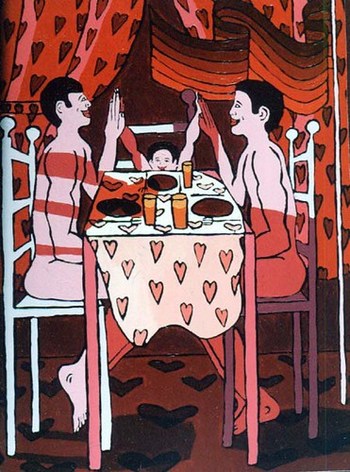gay art homosexual painting queer family two men eating dinner with a boy homosexual artwork artist painter raphael perez israeli gays artists