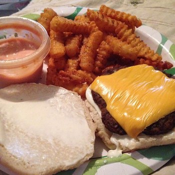 It's national cheeseburger day! So to celebrate I'm having a burger with fake cheese & fries.
