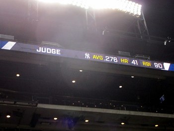 Citi Field, 09/11/17: Aaron Judge stats as shown on the third base ribbon board as he bats for the second time in the top of the 4th inning (IMG_6576a)