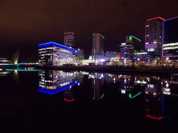 Life in Neon - Media City in Salford Quays, Salford, Greater Manchester County, England - December 2013