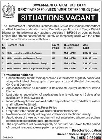 Government of Gilgit Baltistan Directorate of Education Jobs 2020 Latest