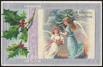 c. 1910 Embossed Christmas Postcard - Holly Decorations & Pretty Angels Bring Tree & Apple Fruit Basket