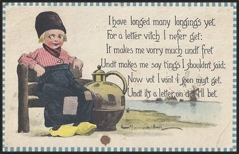 c. 1915 Samson Brothers Blue Checkered Border Series or Barton & Spooner Postcards (B/S 6413) - Dutch Boy with Wooden Shoes Sitting on a Bench