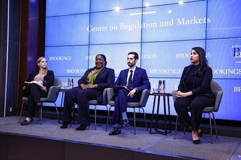 Kaitlin Asrow, Andrew Donkor, Jack Solowey, and Tonantzin Carmona engage in a panel discussion on Consumer Protection in Virtual Currency during a Brookings event.