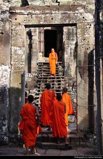 Monks at Bayon, Angkor, Cambodia