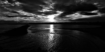 Black & White, Sun Reflecting On Water, Wansbeck Estuary, Northumberland, England.
