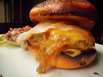 The Kerry Alaric CheeseBURGER | with Gruyere, Sharp Cheddar, Smoked Gouda Cheeses, and Sweet Bourbon-Buttered Onions
